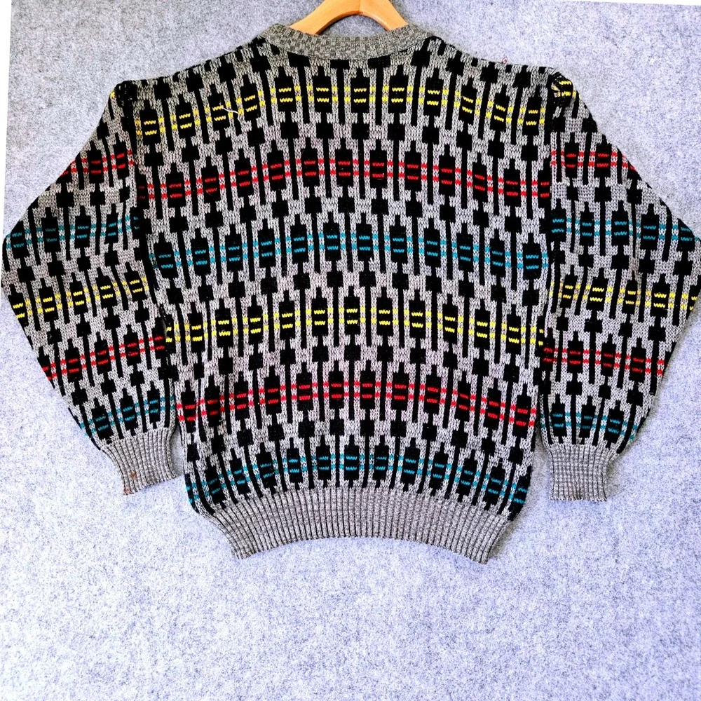 Vintage Robert Bruce Mens Large Geometric Intarsia Knit Crewneck Sweater Grey